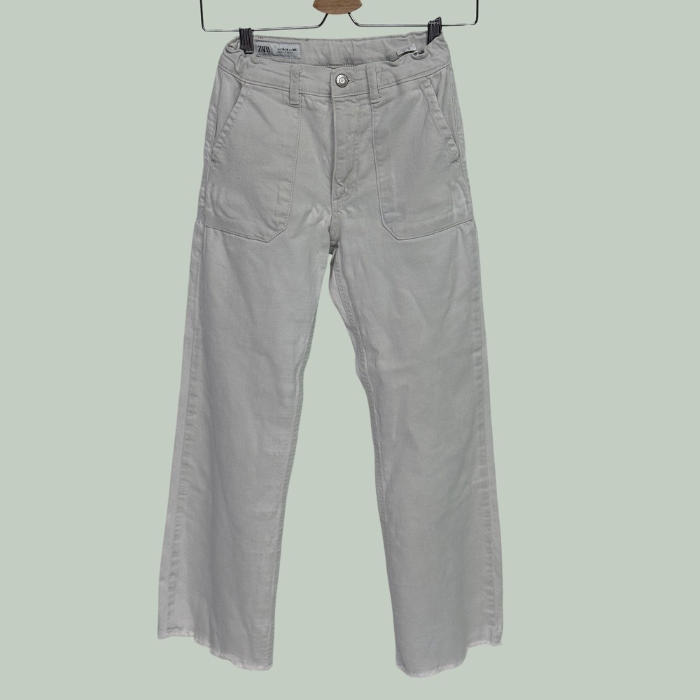 Zara Girls Light Gray Wide Leg Pants High Waisted Frayed Hem Size 13-14 164cm